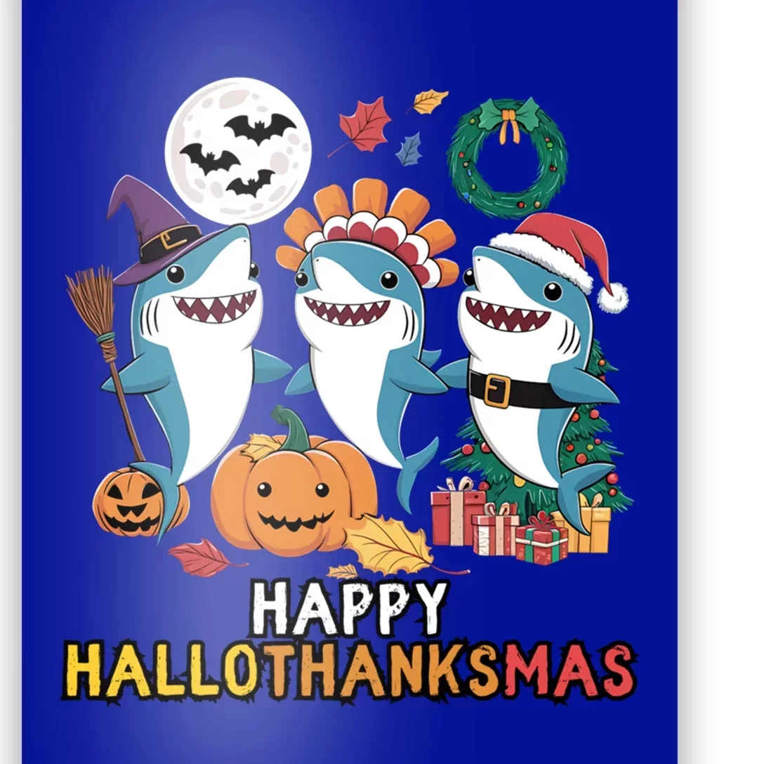 Happy Hallothanksmas Christmas Halloween Shark Thanksgiving Great Gift Poster