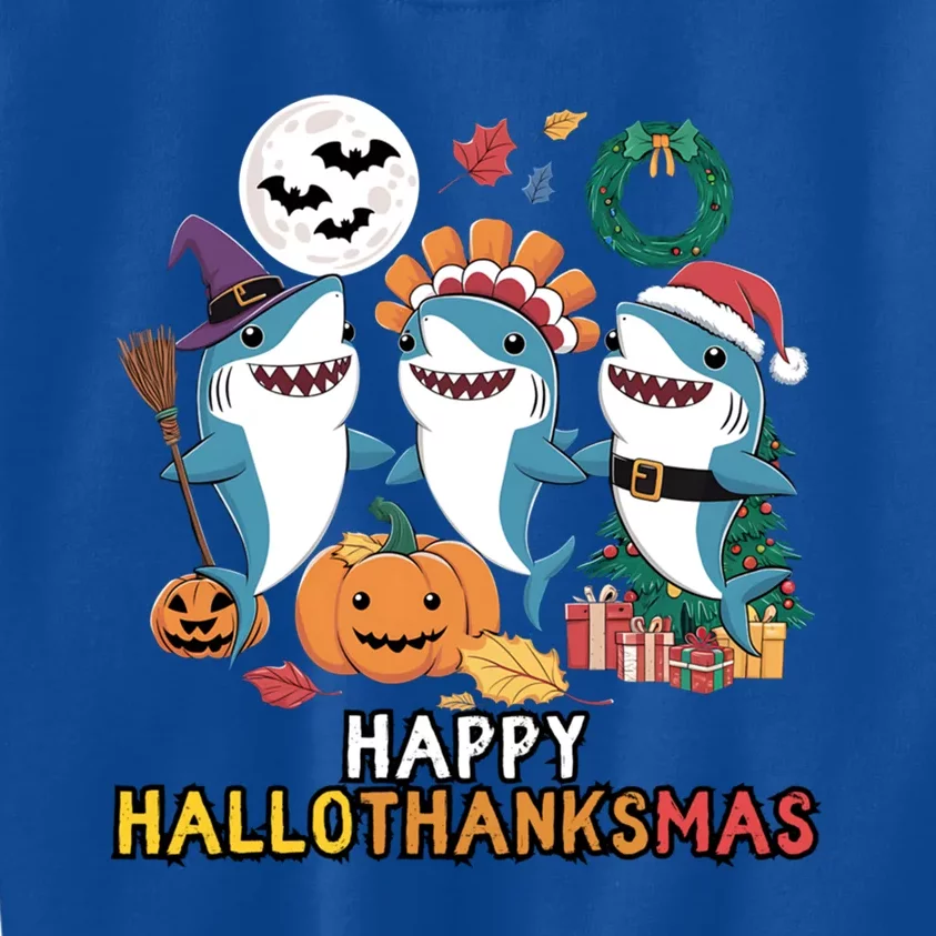 Happy Hallothanksmas Christmas Halloween Shark Thanksgiving Great Gift Kids Sweatshirt