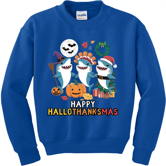 Happy Hallothanksmas Christmas Halloween Shark Thanksgiving Great Gift Kids Sweatshirt