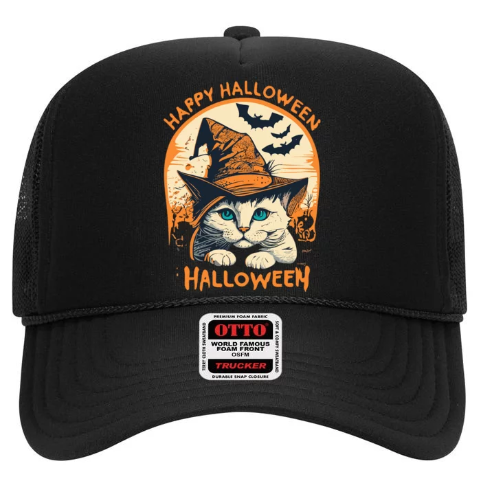 Happy Halloween Cat High Crown Mesh Trucker Hat