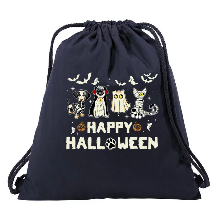 Happy Halloween Cat Dog Skeleton Witch Ghost Spooky Season Great Gift Drawstring Bag