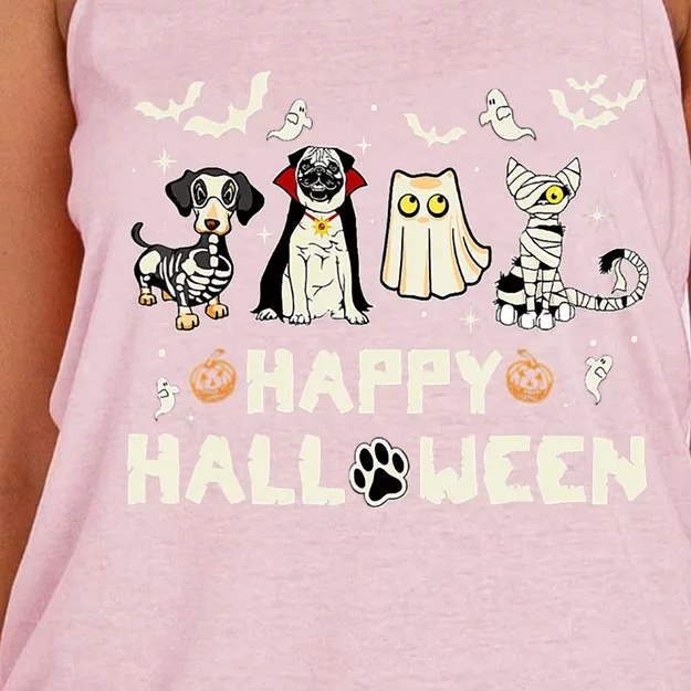 Happy Halloween Cat Dog Skeleton Witch Ghost Spooky Season Great Gift Women's Knotted Racerback Tank