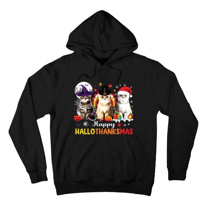 Happy Hallothanksmas Cats Halloween Thanksgiving Christmas Hoodie