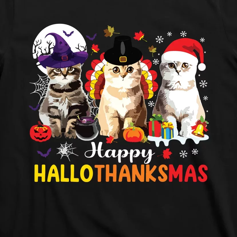 Happy Hallothanksmas Cats Halloween Thanksgiving Christmas T-Shirt