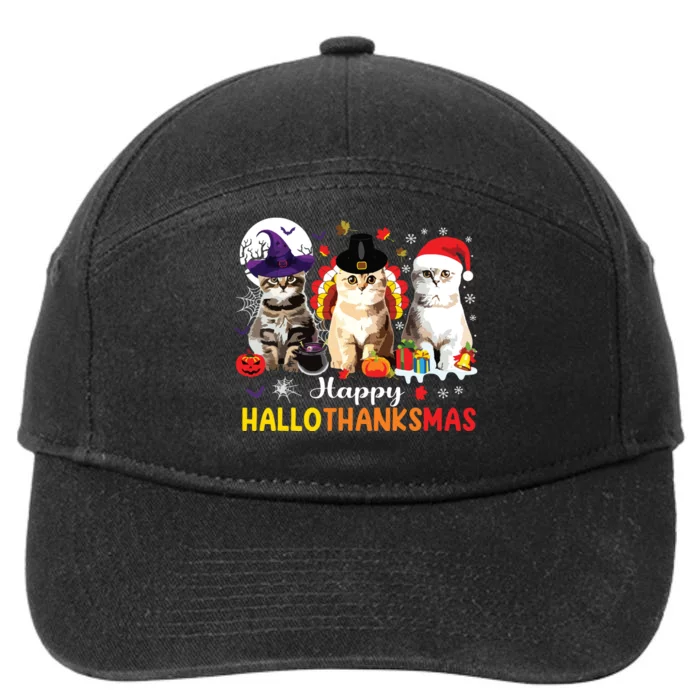 Happy Hallothanksmas Cats Halloween Thanksgiving Christmas 7-Panel Snapback Hat