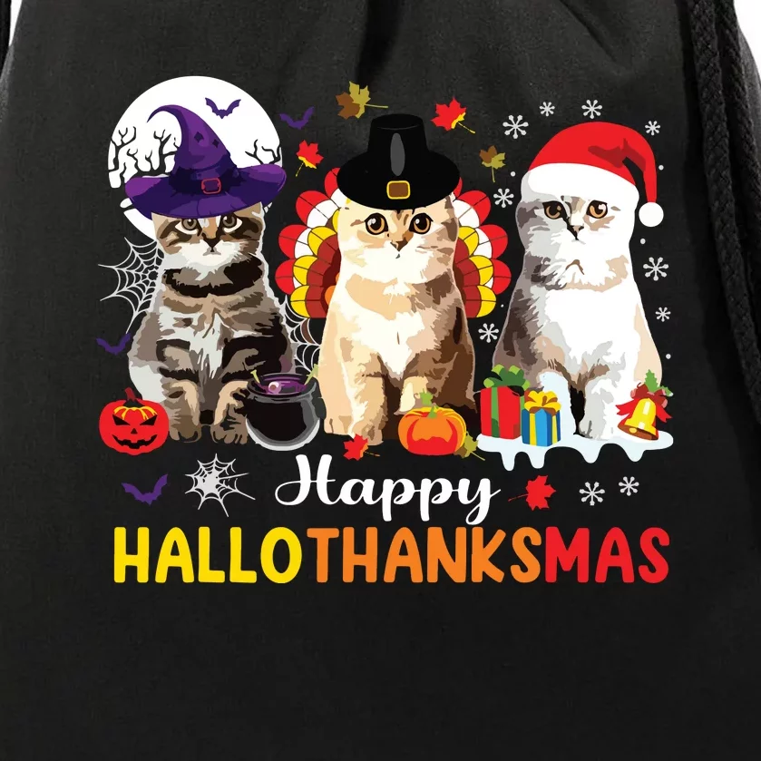 Happy Hallothanksmas Cats Halloween Thanksgiving Christmas Drawstring Bag