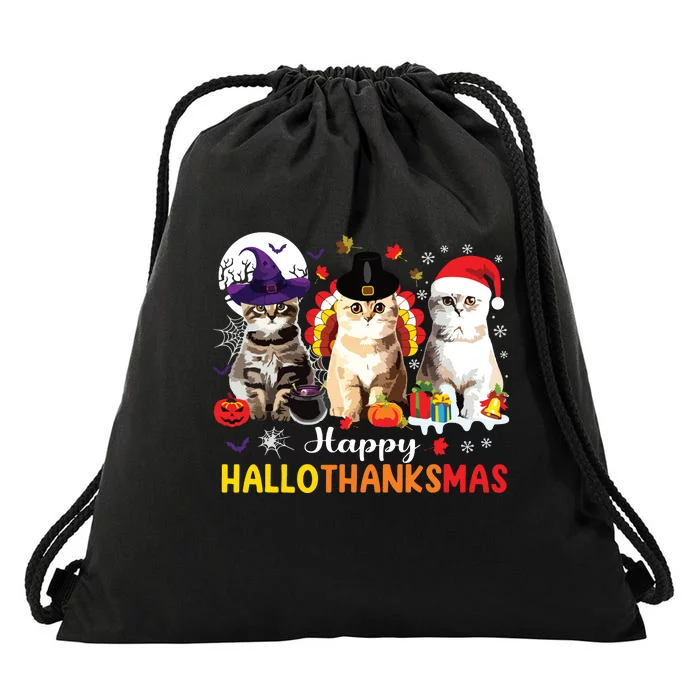 Happy Hallothanksmas Cats Halloween Thanksgiving Christmas Drawstring Bag