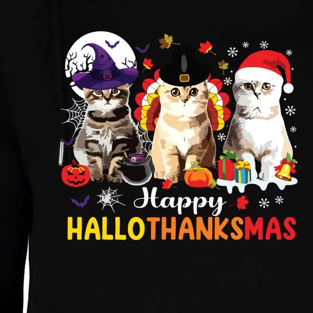 Happy Hallothanksmas Cats Halloween Thanksgiving Christmas Womens Funnel Neck Pullover Hood