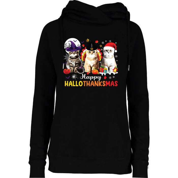 Happy Hallothanksmas Cats Halloween Thanksgiving Christmas Womens Funnel Neck Pullover Hood