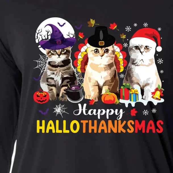 Happy Hallothanksmas Cats Halloween Thanksgiving Christmas Cooling Performance Long Sleeve Crew