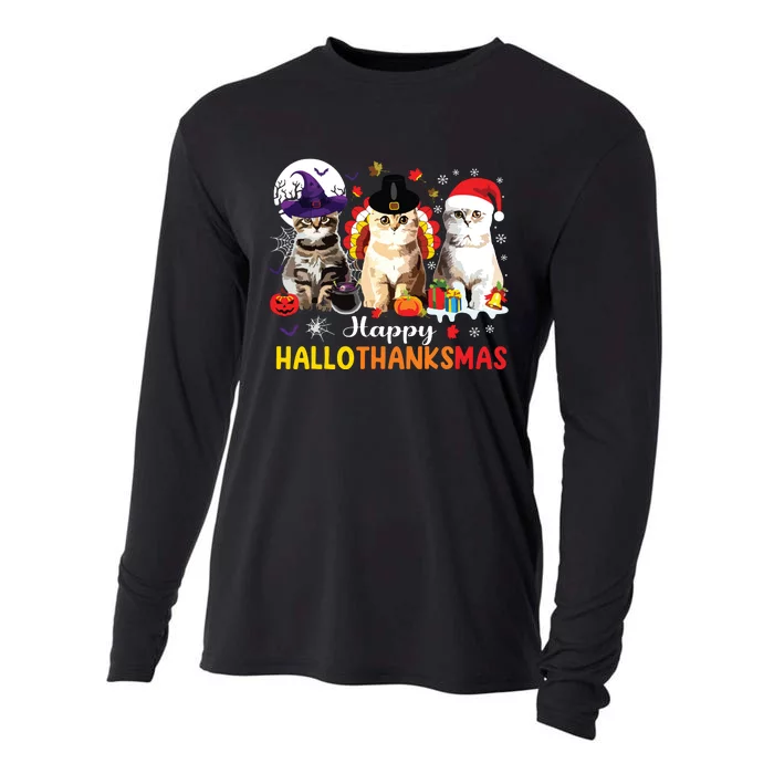 Happy Hallothanksmas Cats Halloween Thanksgiving Christmas Cooling Performance Long Sleeve Crew