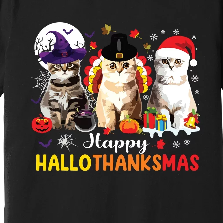 Happy Hallothanksmas Cats Halloween Thanksgiving Christmas Premium T-Shirt