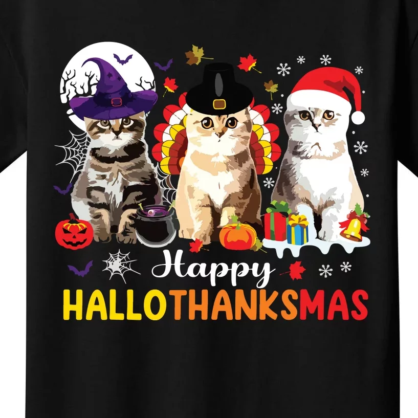 Happy Hallothanksmas Cats Halloween Thanksgiving Christmas Kids T-Shirt