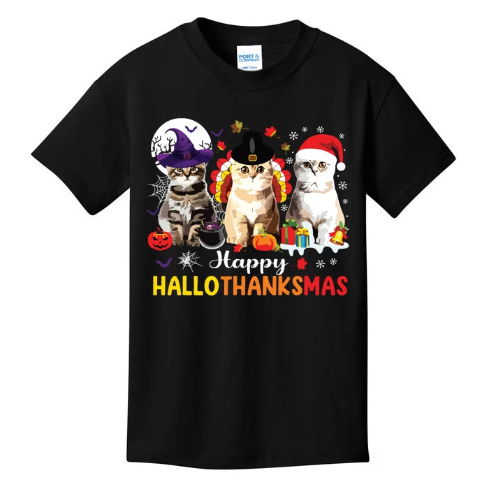 Happy Hallothanksmas Cats Halloween Thanksgiving Christmas Kids T-Shirt