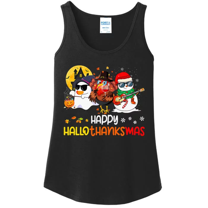 Happy Hallothanksmas Cute Ghost Halloween Thanksgiving Xmas Ladies Essential Tank