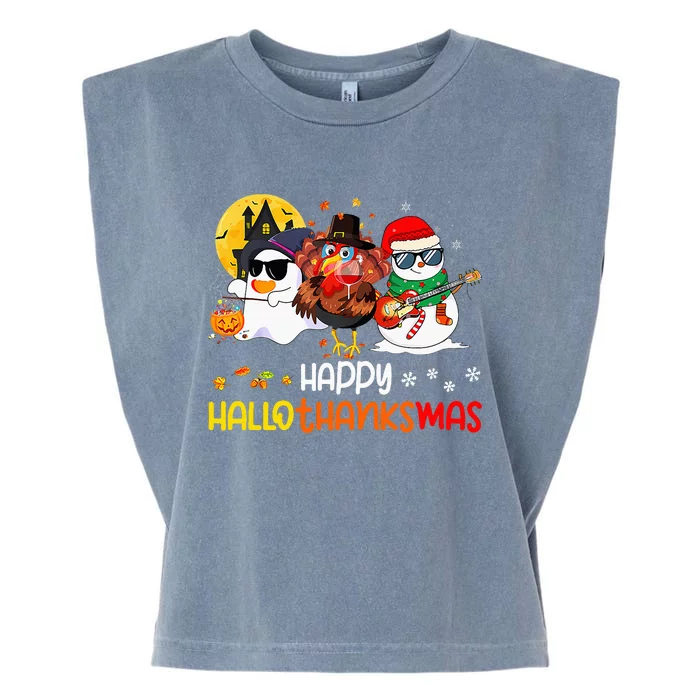 Happy Hallothanksmas Cute Ghost Halloween Thanksgiving Xmas Garment-Dyed Women's Muscle Tee