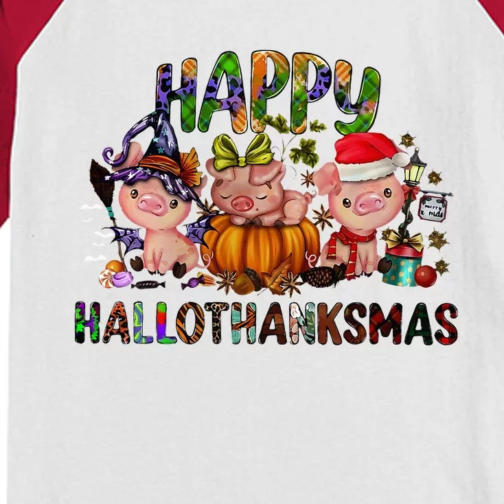 Happy Hallothanksmas Cute Pig Farm Animals Farmer Pig Lover Kids Colorblock Raglan Jersey