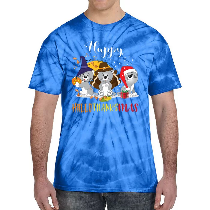 Happy Hallothanksmas Cats Halloween Christmas Thanksgiving Cool Gift Tie-Dye T-Shirt