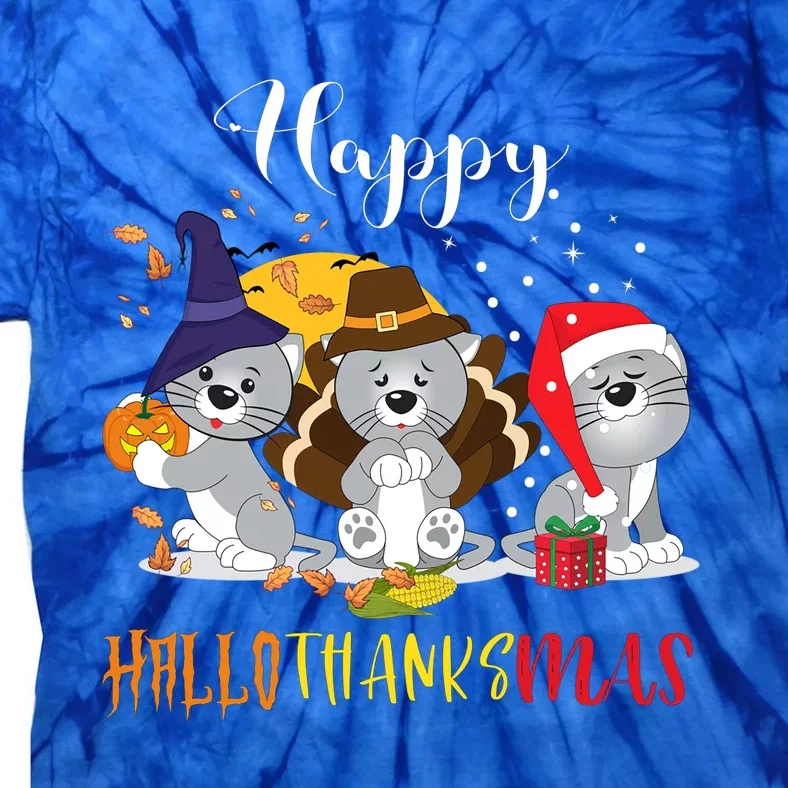 Happy Hallothanksmas Cats Halloween Christmas Thanksgiving Cool Gift Tie-Dye T-Shirt