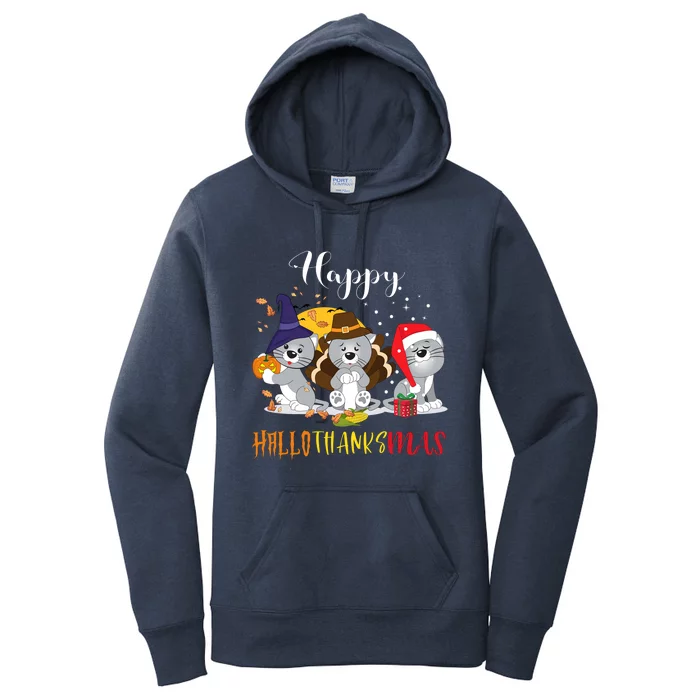 Happy Hallothanksmas Cats Halloween Christmas Thanksgiving Cool Gift Women's Pullover Hoodie