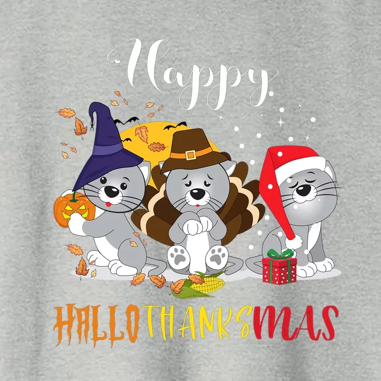 Happy Hallothanksmas Cats Halloween Christmas Thanksgiving Cool Gift Women's Crop Top Tee