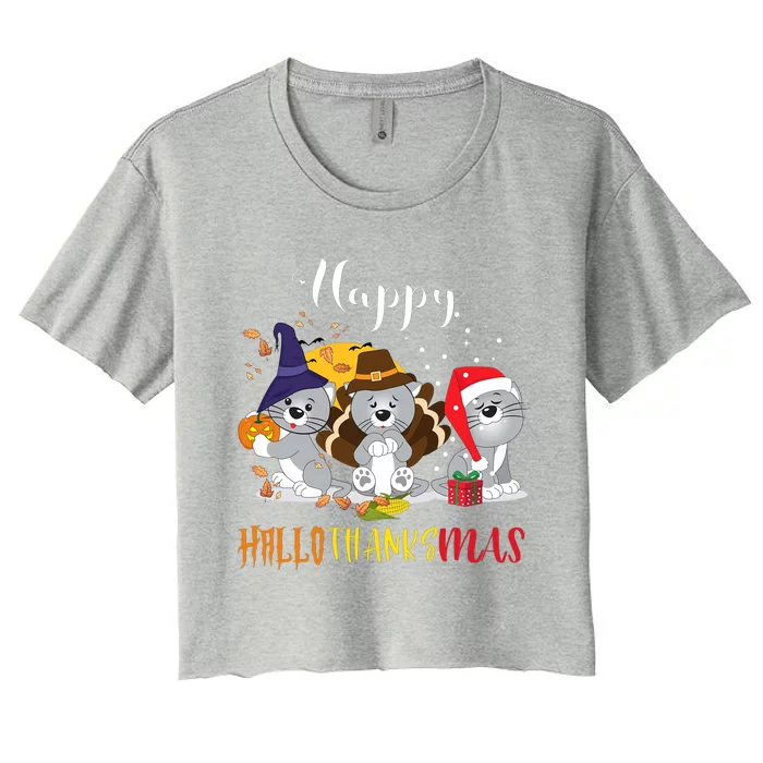 Happy Hallothanksmas Cats Halloween Christmas Thanksgiving Cool Gift Women's Crop Top Tee