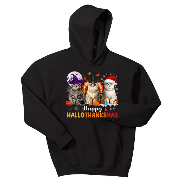 Happy Hallothanksmas Cats Halloween Thanksgiving Christmas Kids Hoodie