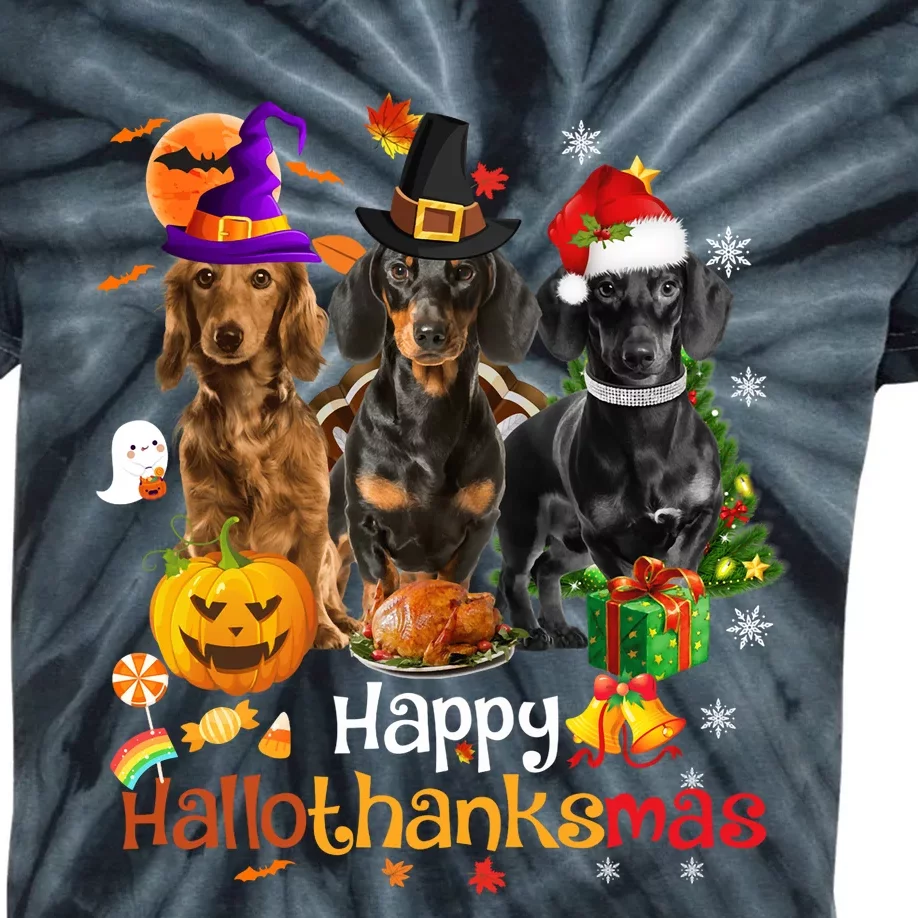 Happy Hallothanksmas Dachshund Halloween Thanksgiving Xmas Kids Tie-Dye T-Shirt