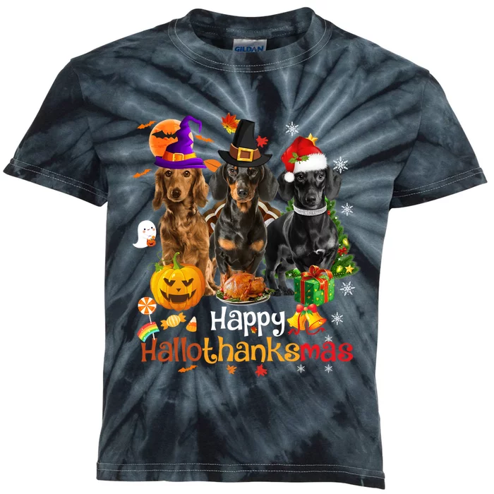 Happy Hallothanksmas Dachshund Halloween Thanksgiving Xmas Kids Tie-Dye T-Shirt