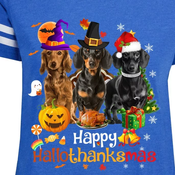 Happy Hallothanksmas Dachshund Halloween Thanksgiving Xmas Enza Ladies Jersey Football T-Shirt