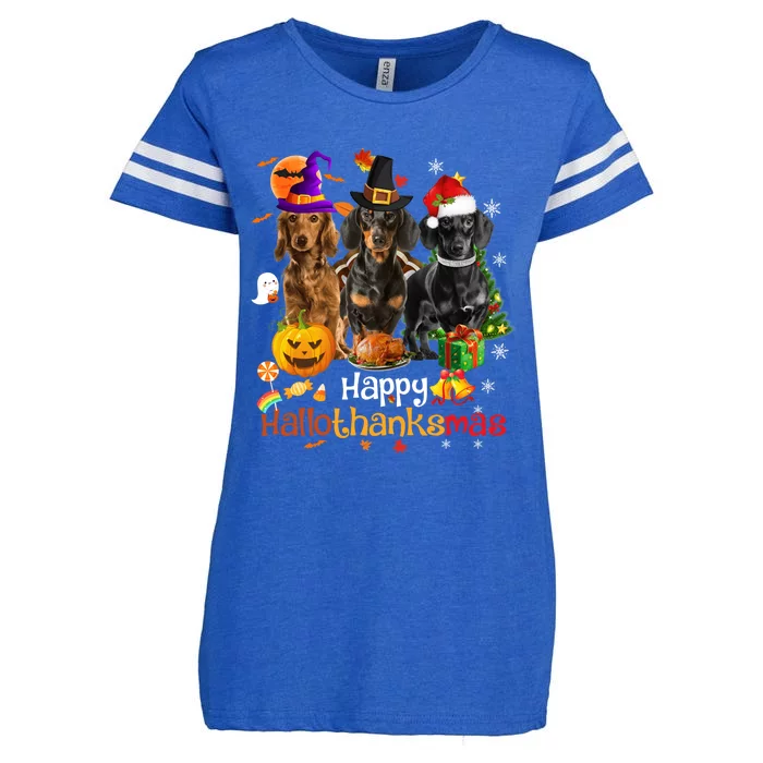 Happy Hallothanksmas Dachshund Halloween Thanksgiving Xmas Enza Ladies Jersey Football T-Shirt