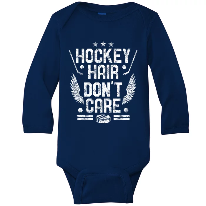 Hockey Hair Dont Care Athlete Hockey Fan Cute Gift Baby Long Sleeve Bodysuit