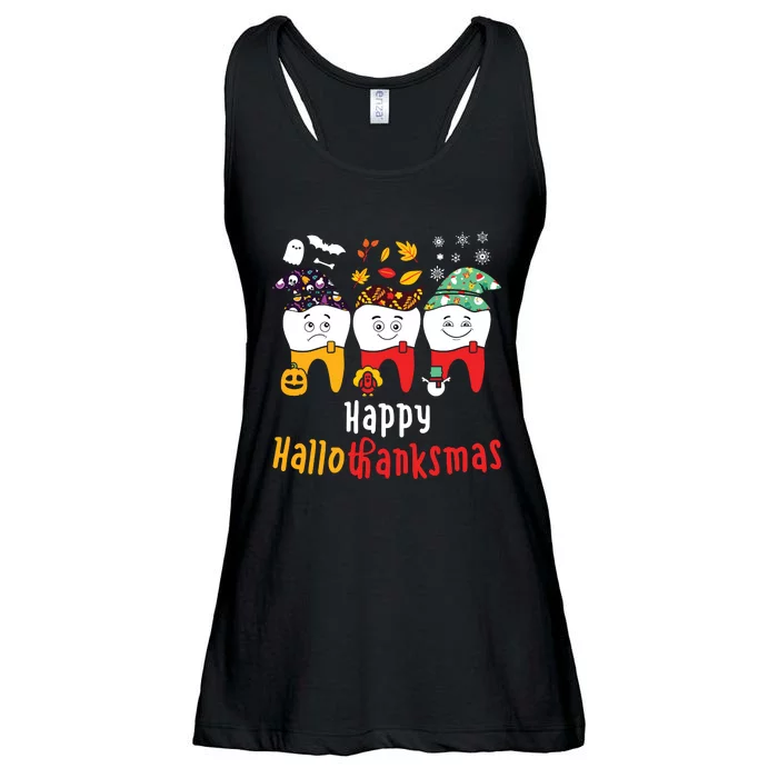 Happy Hallothanksmas Dental Halloween Thanksgiving Christmas Ladies Essential Flowy Tank