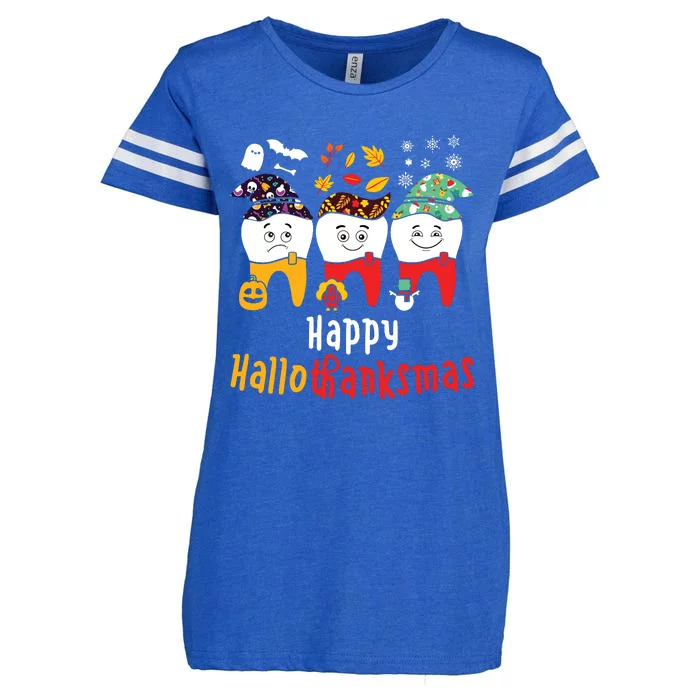 Happy Hallothanksmas Dental Halloween Thanksgiving Christmas Enza Ladies Jersey Football T-Shirt