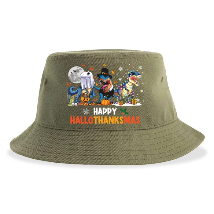 Happy Hallothanksmas Dinosaur Funny Hallothanksmas Party Sustainable Bucket Hat