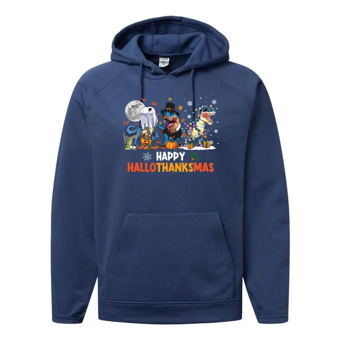 Happy Hallothanksmas Dinosaur Funny Hallothanksmas Party Performance Fleece Hoodie