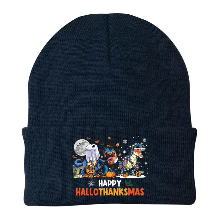 Happy Hallothanksmas Dinosaur Funny Hallothanksmas Party Knit Cap Winter Beanie