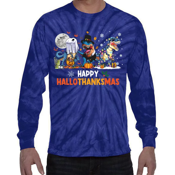 Happy Hallothanksmas Dinosaur Funny Hallothanksmas Party Tie-Dye Long Sleeve Shirt