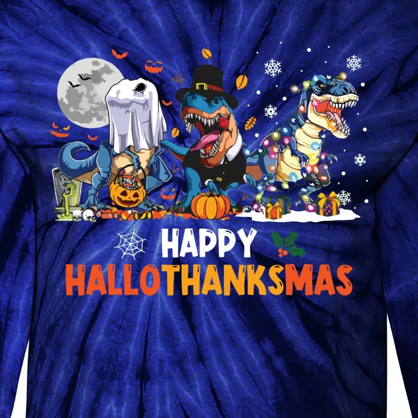 Happy Hallothanksmas Dinosaur Funny Hallothanksmas Party Tie-Dye Long Sleeve Shirt