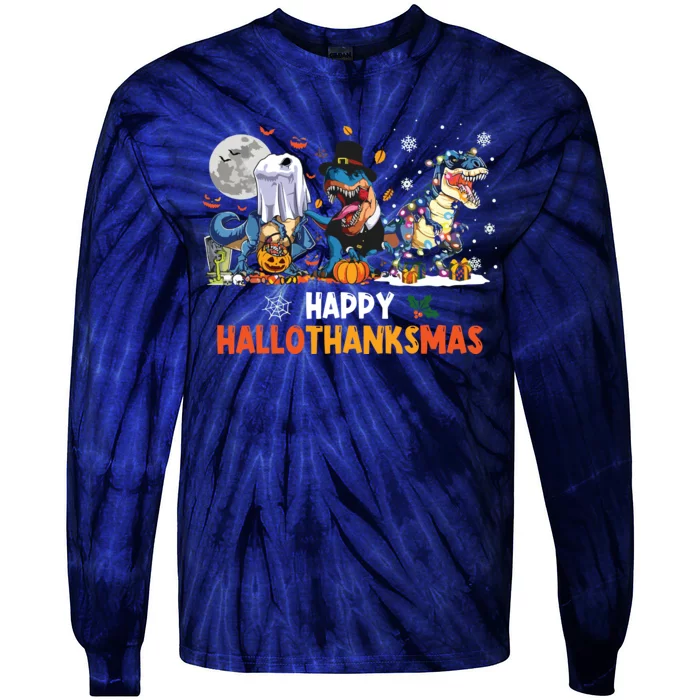 Happy Hallothanksmas Dinosaur Funny Hallothanksmas Party Tie-Dye Long Sleeve Shirt