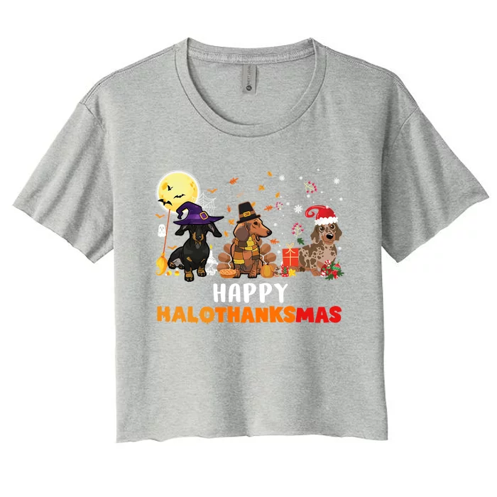 Happy Hallothanksmas Dachshund Dog Lover Halloween Christmas Great Gift Women's Crop Top Tee