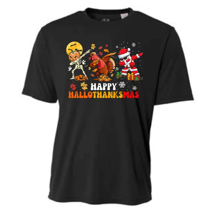 Happy Hallowthanksmas Dabbing Santa Thanksgiving Christmas Cooling Performance Crew T-Shirt