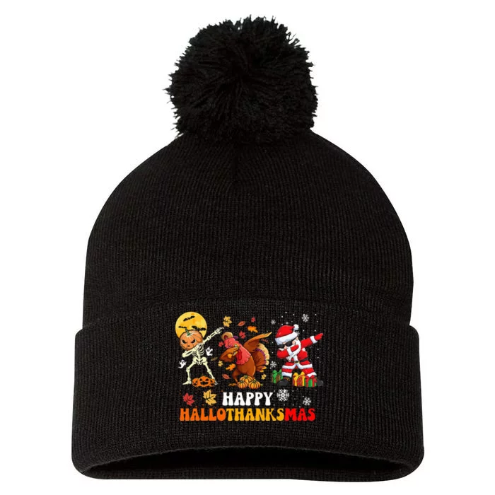 Happy Hallowthanksmas Dabbing Santa Thanksgiving Christmas Pom Pom 12in Knit Beanie