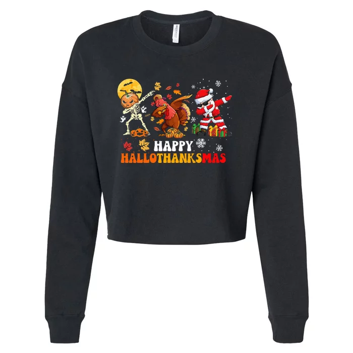 Happy Hallowthanksmas Dabbing Santa Thanksgiving Christmas Cropped Pullover Crew