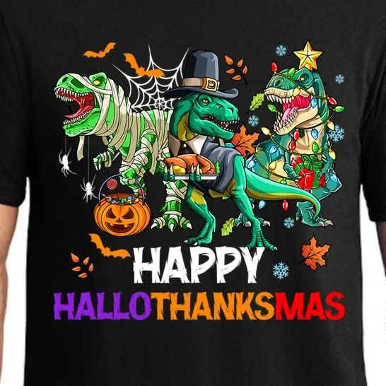 Happy Hallothanksmas Dinosaur Halloween Thanksgiving Xmas Gift Pajama Set