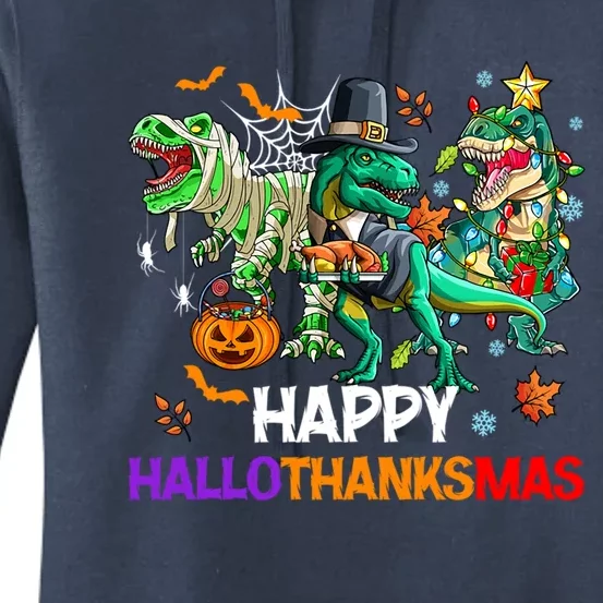 Happy Hallothanksmas Dinosaur Halloween Thanksgiving Xmas Gift Women's Pullover Hoodie