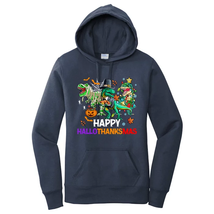 Happy Hallothanksmas Dinosaur Halloween Thanksgiving Xmas Gift Women's Pullover Hoodie