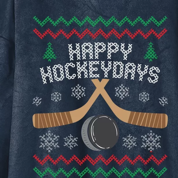 Happy Hockey Days Ugly Christmas Sweater Hooded Wearable Blanket