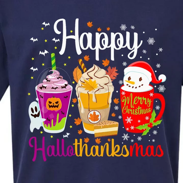 Happy Hallothanksmas Drinks Halloween Thanksgiving Christmas Sueded Cloud Jersey T-Shirt