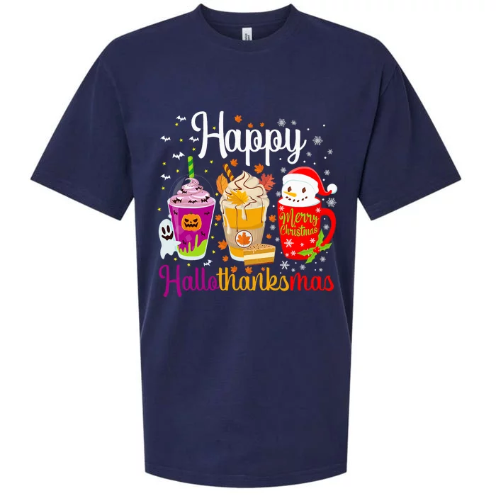 Happy Hallothanksmas Drinks Halloween Thanksgiving Christmas Sueded Cloud Jersey T-Shirt